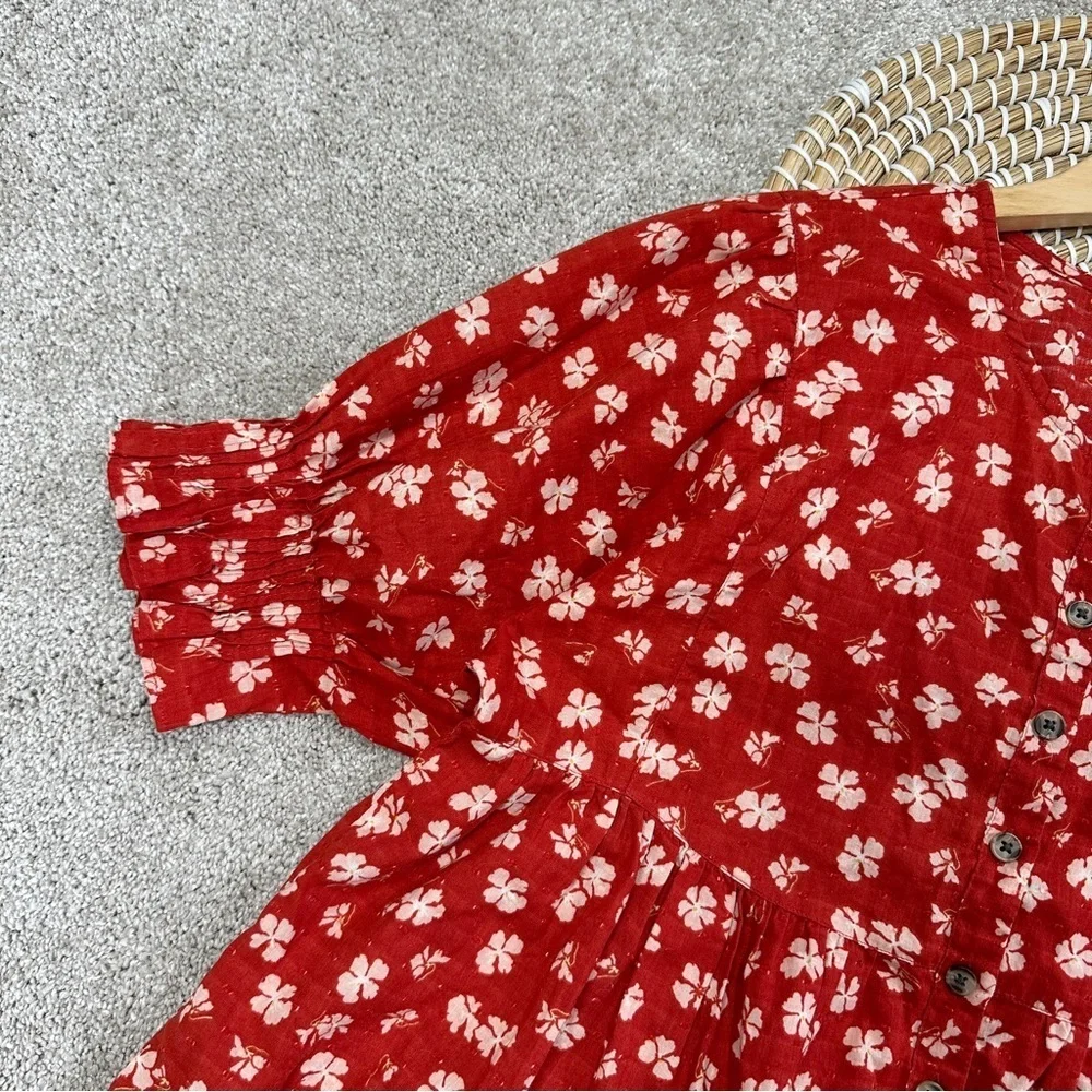 Madewell Puff-Sleeve Button-Front Top in Swiss Dot Happy Aloha Thai Chili Size S